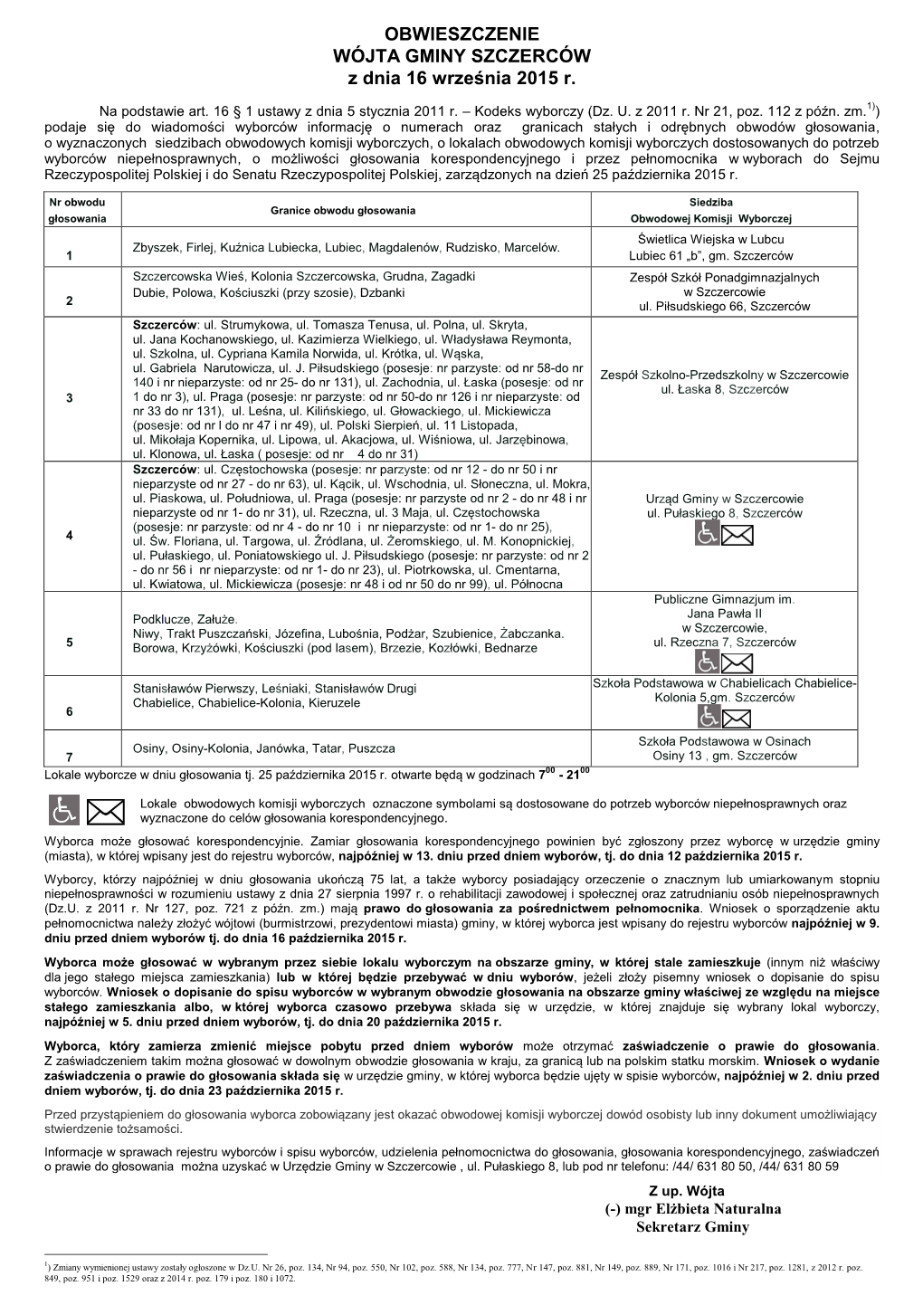 OBWIESZCZENIE WÓJTA GMINY SZCZERCÓW Z Dnia 16 Września 2015 R