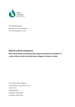 Beyond Cultural Competence. How Mental Health and Psychosocial Support Practitioners’ Perception of Culture Influence Their Work with Syrian Refugees in Amman, Jordan