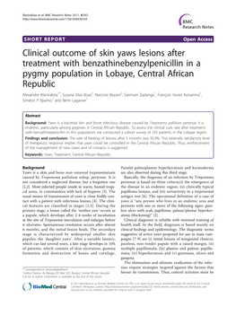 Clinical Outcome of Skin Yaws Lesions After Treatment with Benzathinebenzylpenicillin in a Pygmy Population in Lobaye, Central A