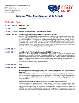 America Votes State Summit 2020 Agenda **Times and Sessions Are Subject to Change**