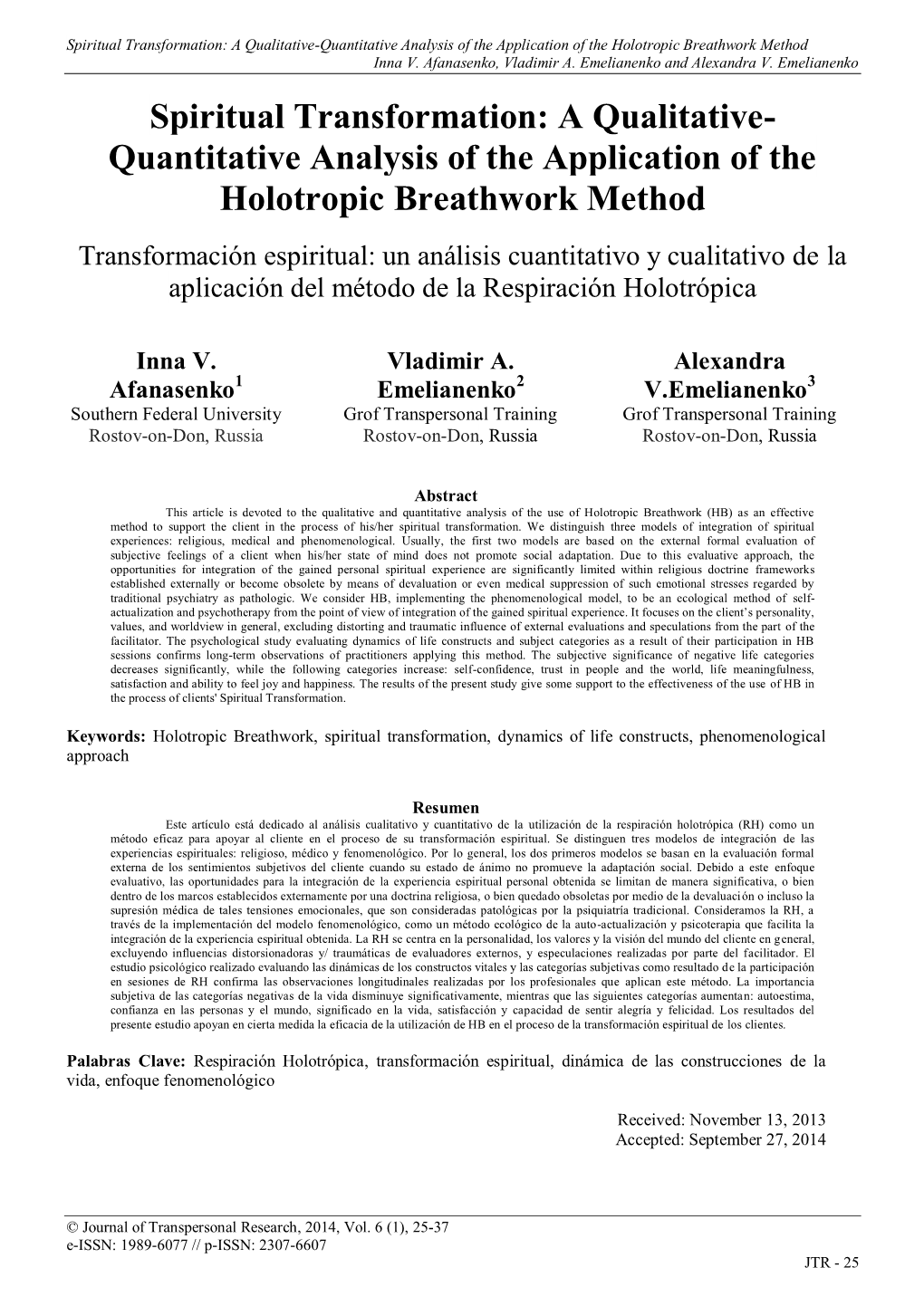 Spiritual Transformation: a Qualitative-Quantitative Analysis of the Application of the Holotropic Breathwork Method Inna V