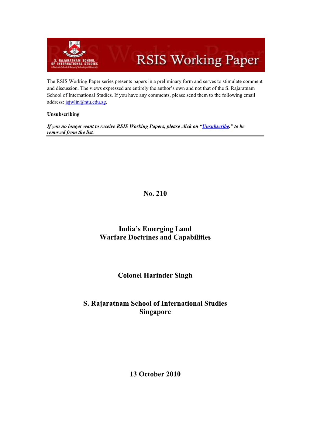 India's Emerging Land Warfare Doctrines and Capabilities