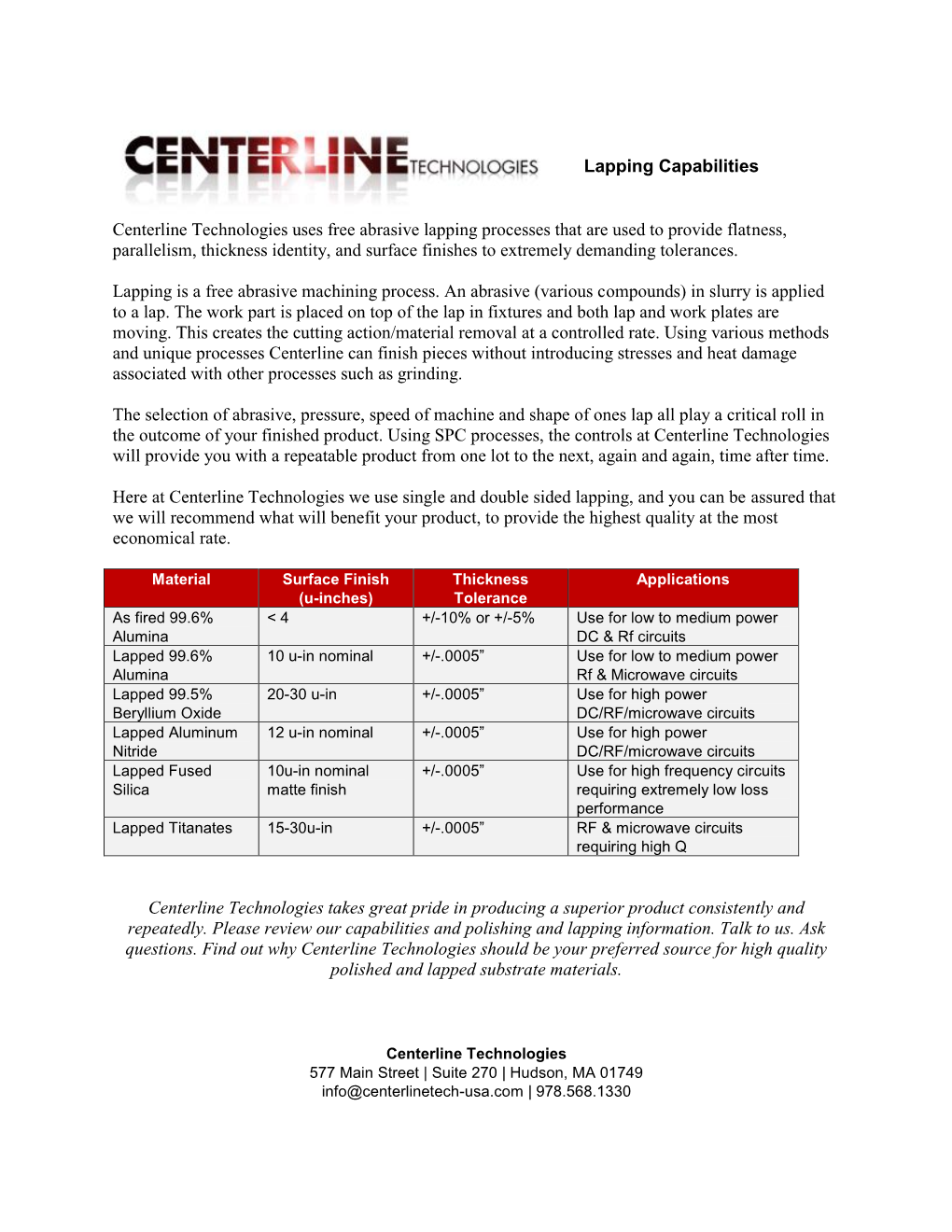 Lapping Capabilities Centerline Technologies Uses Free Abrasive Lapping Processes That Are Used to Provide Flatness, Parallelism