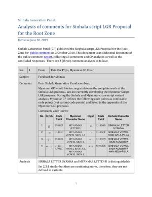 Analysis of Comments for Sinhala Script LGR Proposal for the Root Zone Revision: June 30, 2019