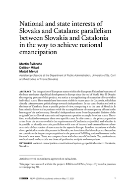 National and State Interests of Slovaks and Catalans: Parallelism Between Slovakia and Catalonia in the Way to Achieve National Emancipation