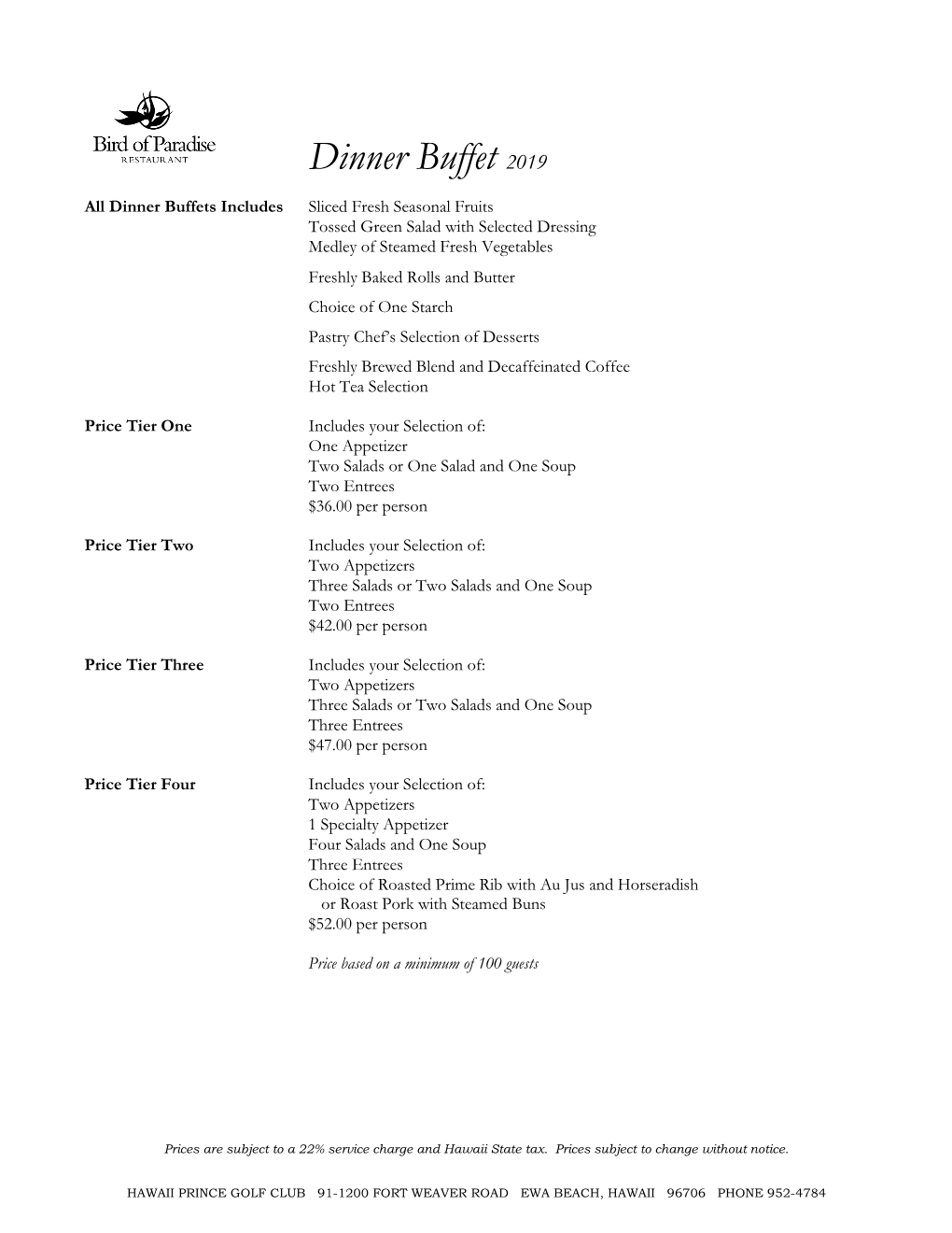 Bird of Paradise Golf Tournament Menu