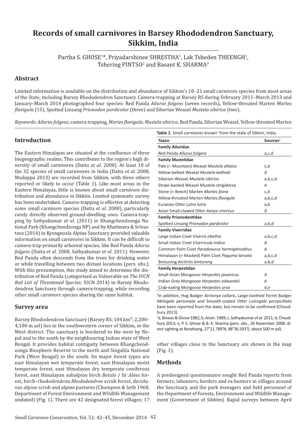 Records of Small Carnivores in Barsey Rhododendron Sanctuary, Sikkim, India