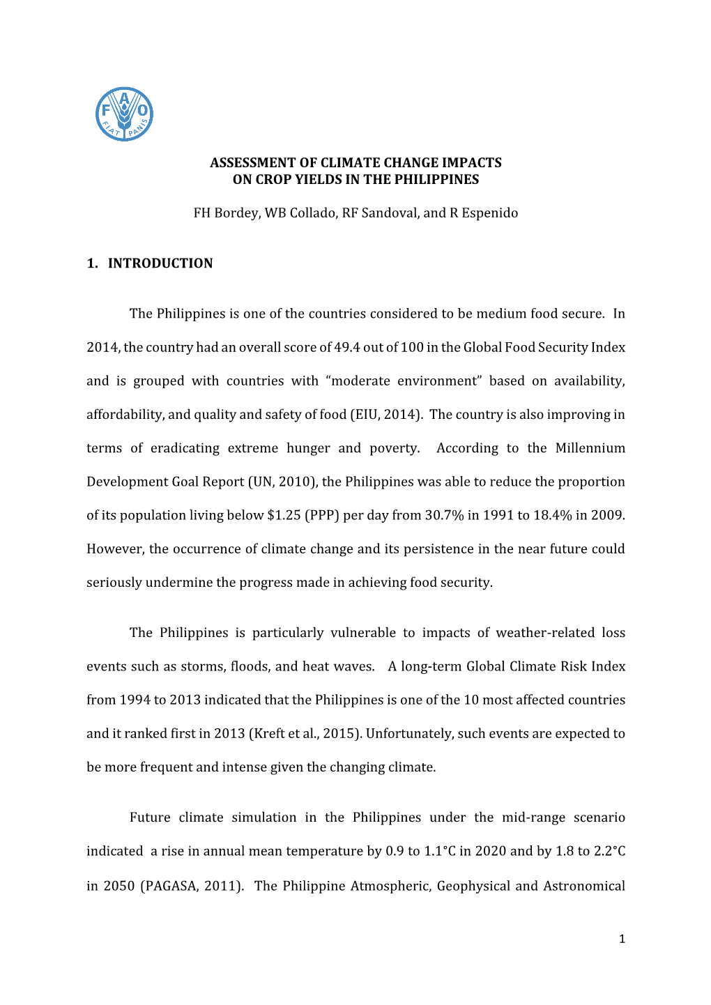 Assessment of Climate Change Impacts on Crop Yields in the Philippines