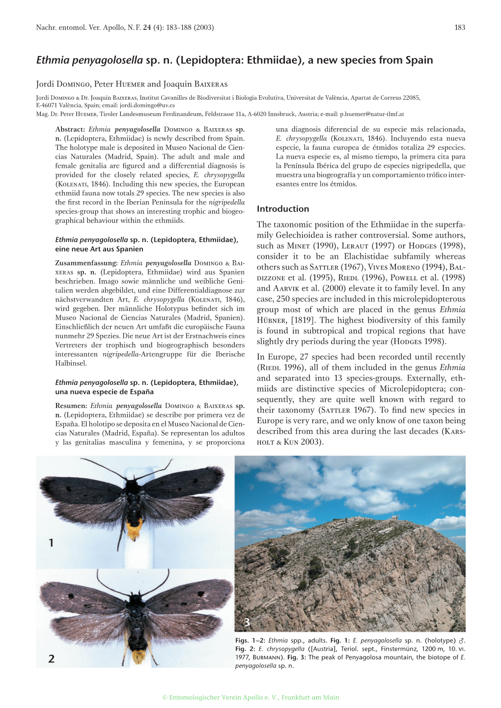 Ethmia Penyagolosella Sp. N. (Lepidoptera: Ethmiidae), a New Species from Spain