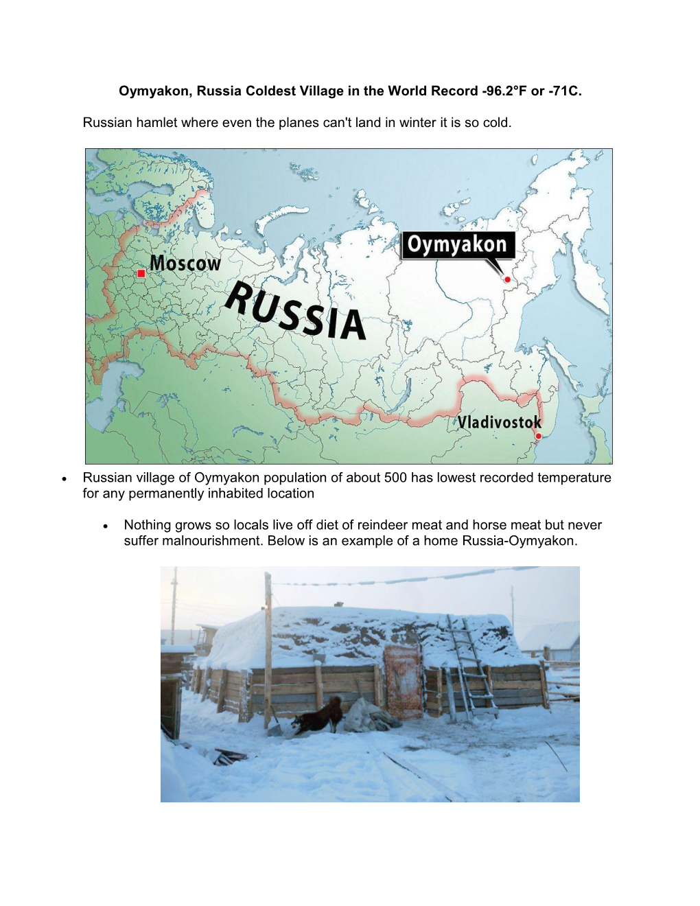Oymyakon, Russia Coldest Village in the World Record -96.2°F Or -71C