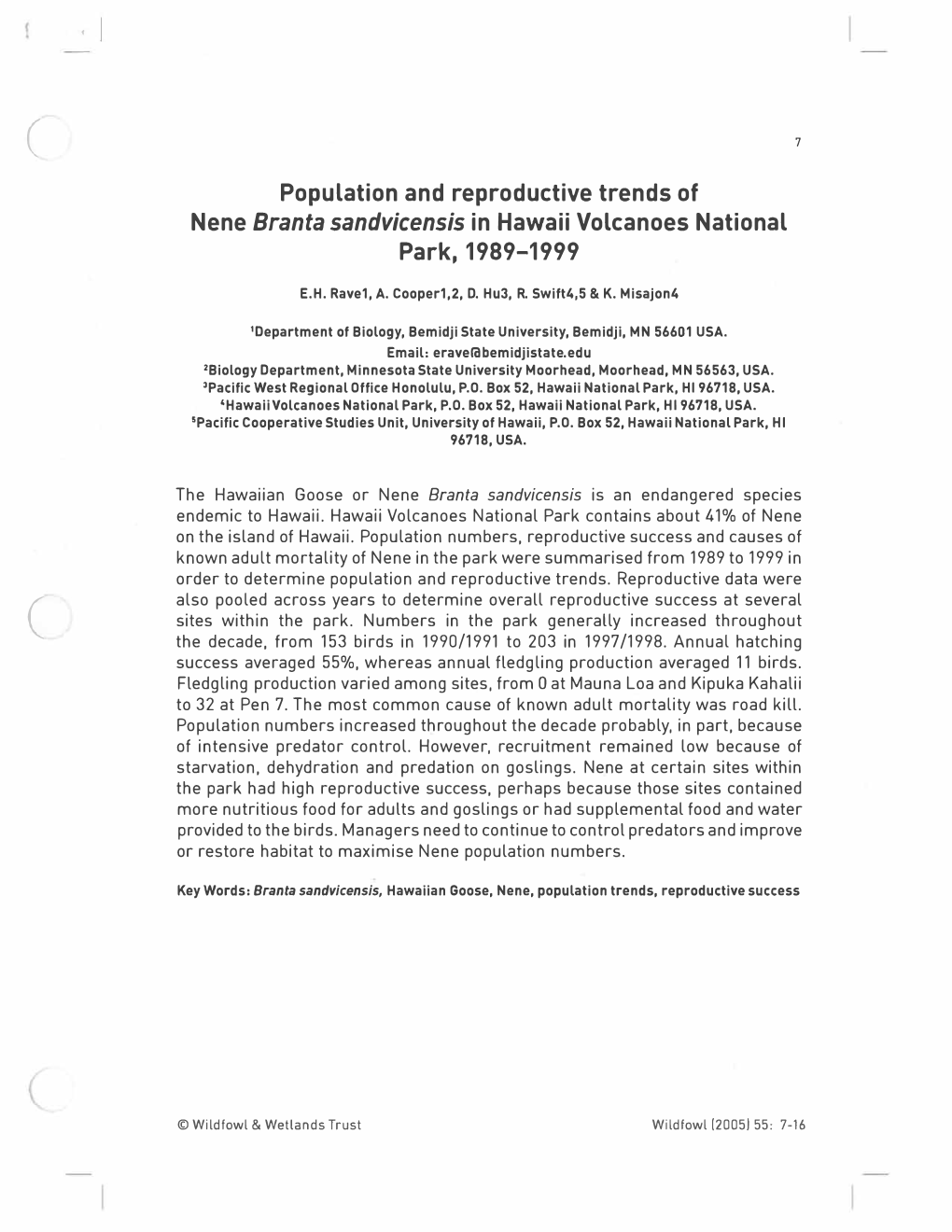 Population and Reproductive Trends of Nene Branta Sandvicensis in Hawaii Volcanoes National Park,1989-1999