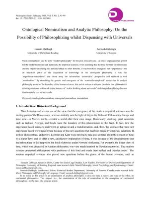 Ontological Nominalism and Analytic Philosophy: on the Possibility of Philosophizing Whilst Dispensing with Universals