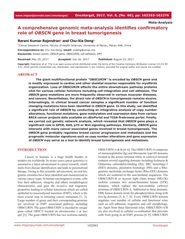 A Comprehensive Genomic Meta-Analysis Identifies Confirmatory Role of OBSCN Gene in Breast Tumorigenesis