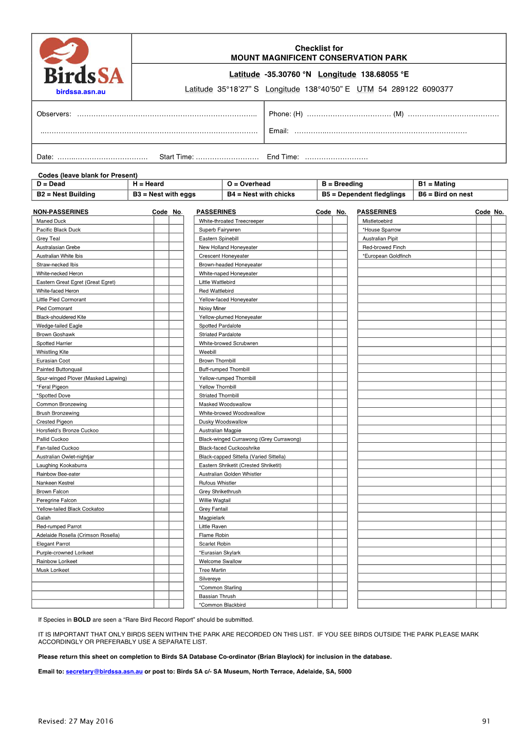 Checklist for MOUNT MAGNIFICENT CONSERVATION PARK Latitude