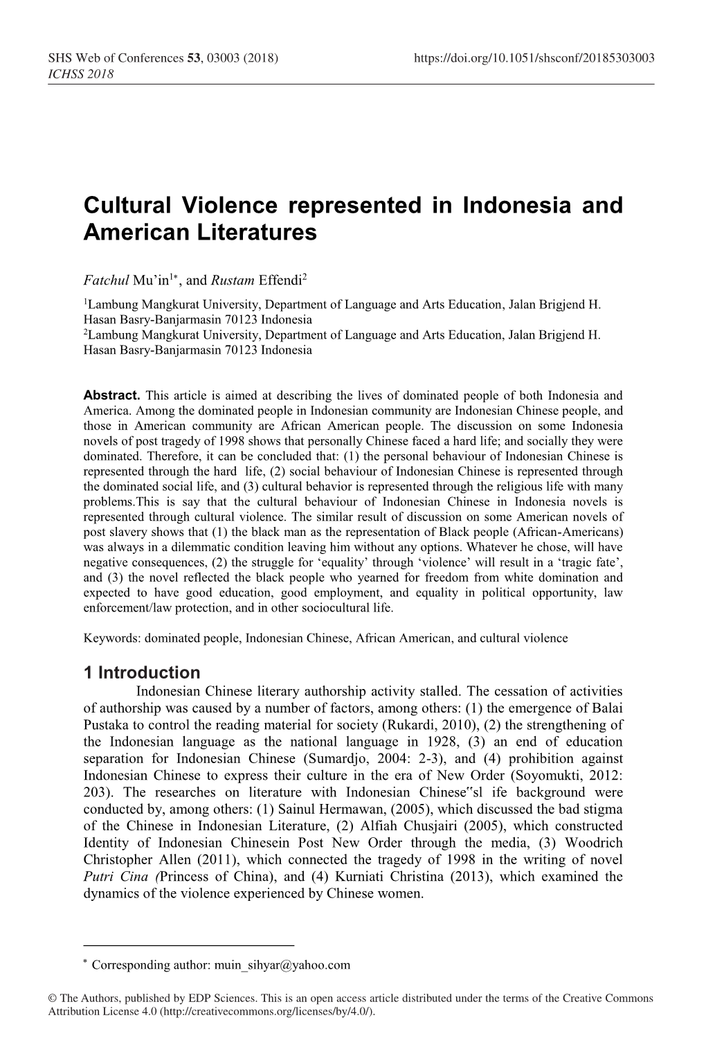 Cultural Violence Represented in Indonesia and American Literatures