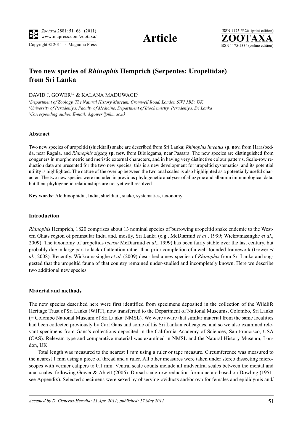 Two New Species of Rhinophis Hemprich (Serpentes: Uropeltidae) from Sri Lanka