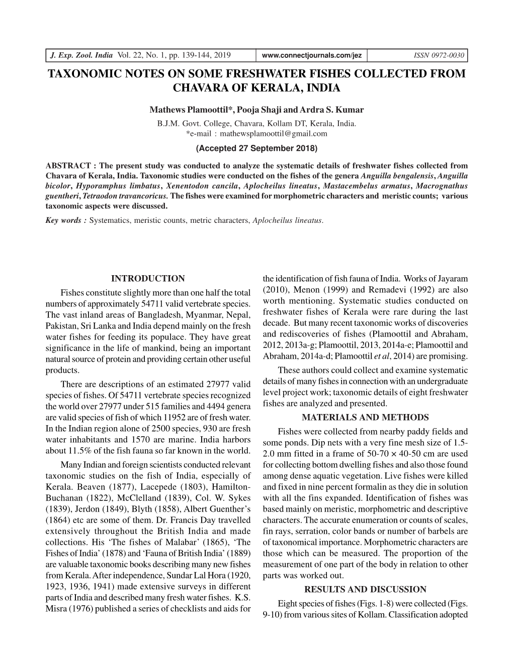 Taxonomic Notes on Some Freshwater Fishes Collected from Chavara of Kerala, India