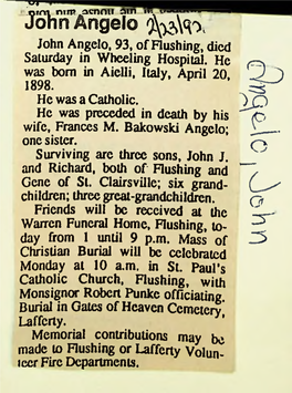 John Angelo John Angelo, 93, of Flushing, Died Saturday in Wheeling Hospital