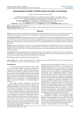 Hematological Profile of Khillar Breed of Cattle in Karnataka