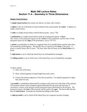 Math 366 Lecture Notes Section 11.4 – Geometry in Three Dimensions