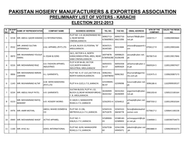 Pakistan Hosiery Manufacturers & Exporters Association Preliminary List of Voters - Karachi Election 2012-2013