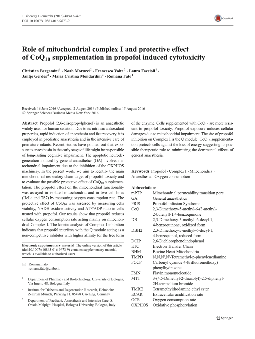 Role of Mitochondrial Complex I and Protective Effect of Coq10 Supplementation in Propofol Induced Cytotoxicity
