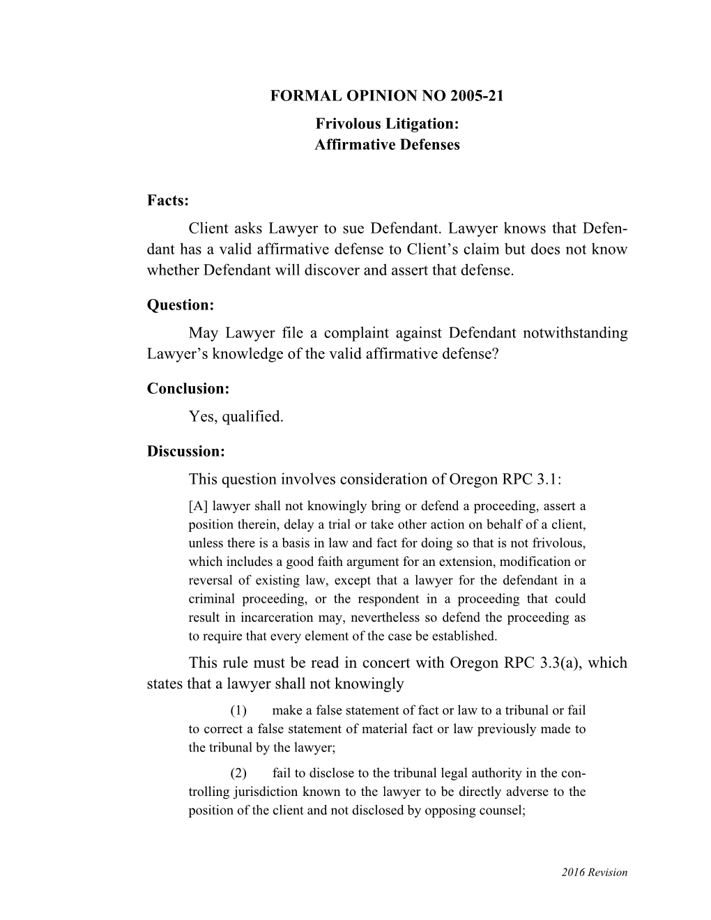 2005-21: Frivolous Litigation: Affirmative Defenses