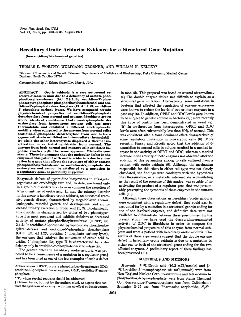 Hereditary Orotic Aciduria: Evidence for a Structural Gene Mutation (6-Azauridine/Biochemical Genetics)