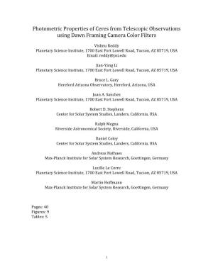 Photometric Properties of Ceres from Telescopic Observations Using Dawn Framing Camera Color Filters