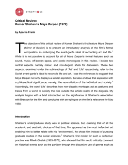 Critical Review: Kumar Shahani's Maya Darpan (1972)