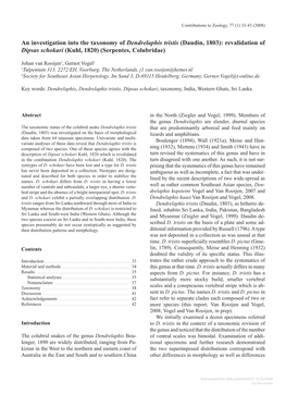 An Investigation Into the Taxonomy of Dendrelaphis Tristis (Daudin, 1803): Revalidation of Dipsas Schokari (Kuhl, 1820) (Serpentes, Colubridae)