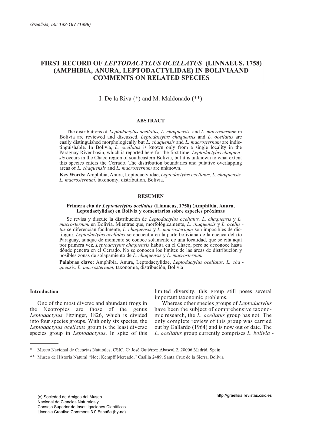 Amphibia, Anura, Leptodactylidae) in Boliviaand Comments on Related Species