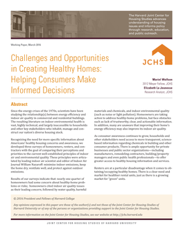 Challenges and Opportunities in Creating Healthy Homes: Helping Consumers Make Informed Decisions
