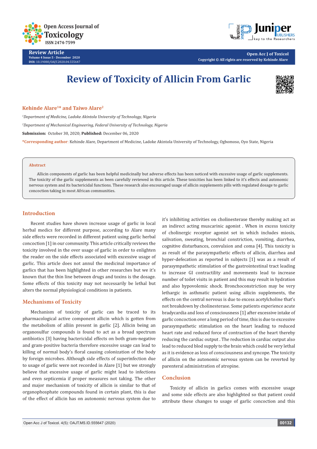 Review of Toxicity of Allicin from Garlic