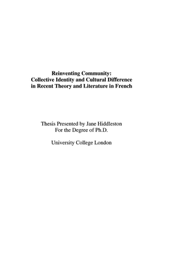 Reinventing Community: Collective Identity and Cultural Difference In