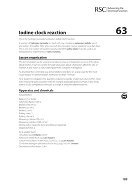 Iodine Clock Reaction 63 This Is the Hydrogen Peroxide/ Potassium Iodide ‘Clock’ Reaction