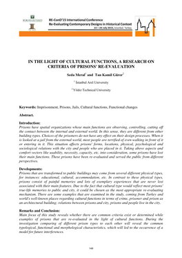 In the Light of Cultural Functions, a Research on Criteria of Prisons' Re-Evaluation