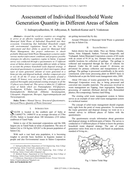 Assessment of Individual Household Waste Generation Quantity in Different Areas of Salem