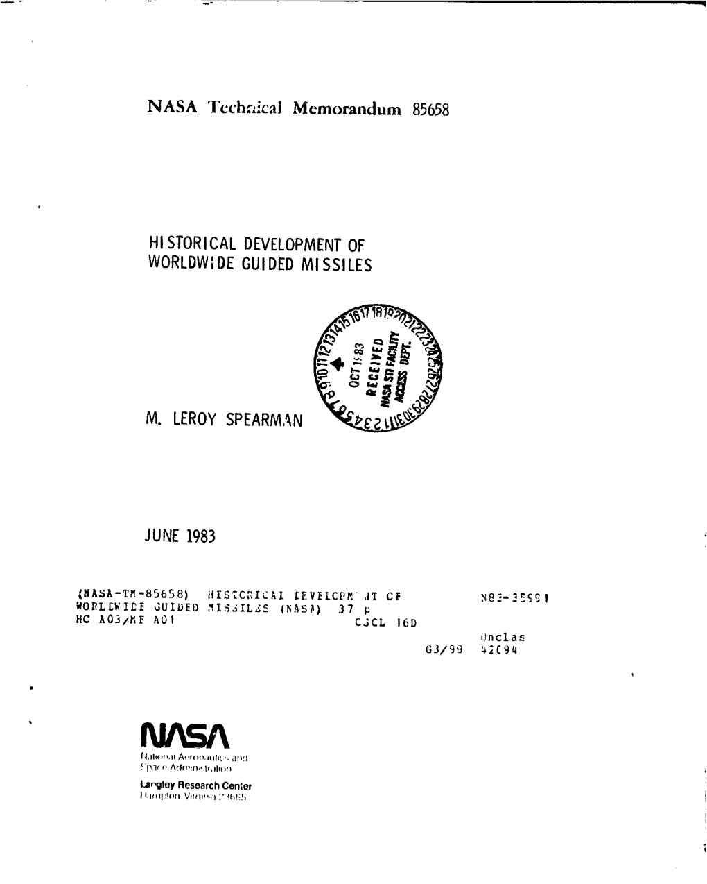 NASA Tcchnlcal Memorandum 85658 HISTORICALDEVELOPMENT OF