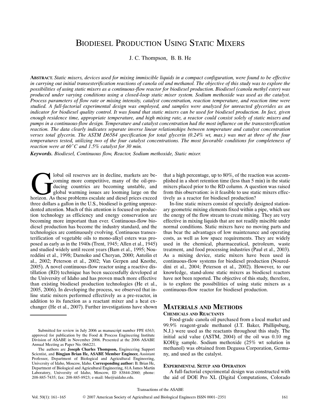 Biodiesel Production Using Static Mixers