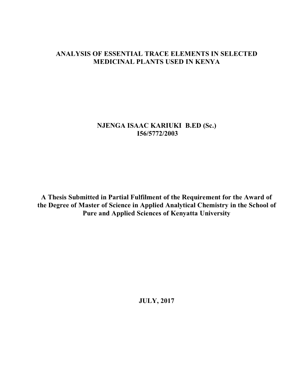 Determination of Trace Elements in Selected Herbal Plants