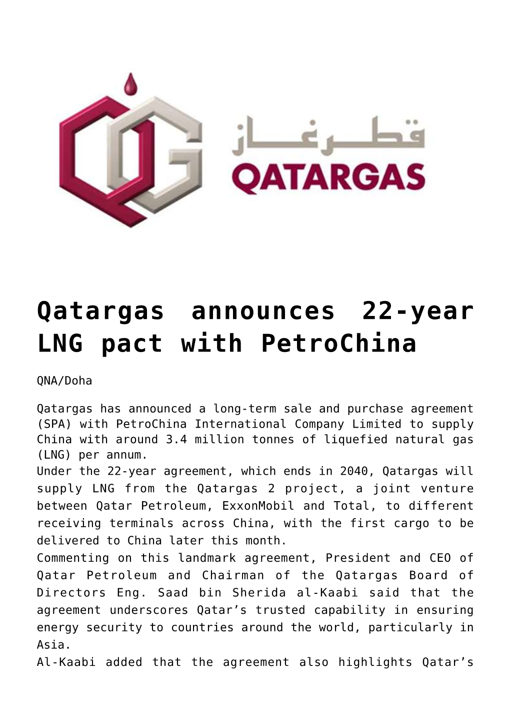 Qatargas Announces 22-Year LNG Pact with Petrochina