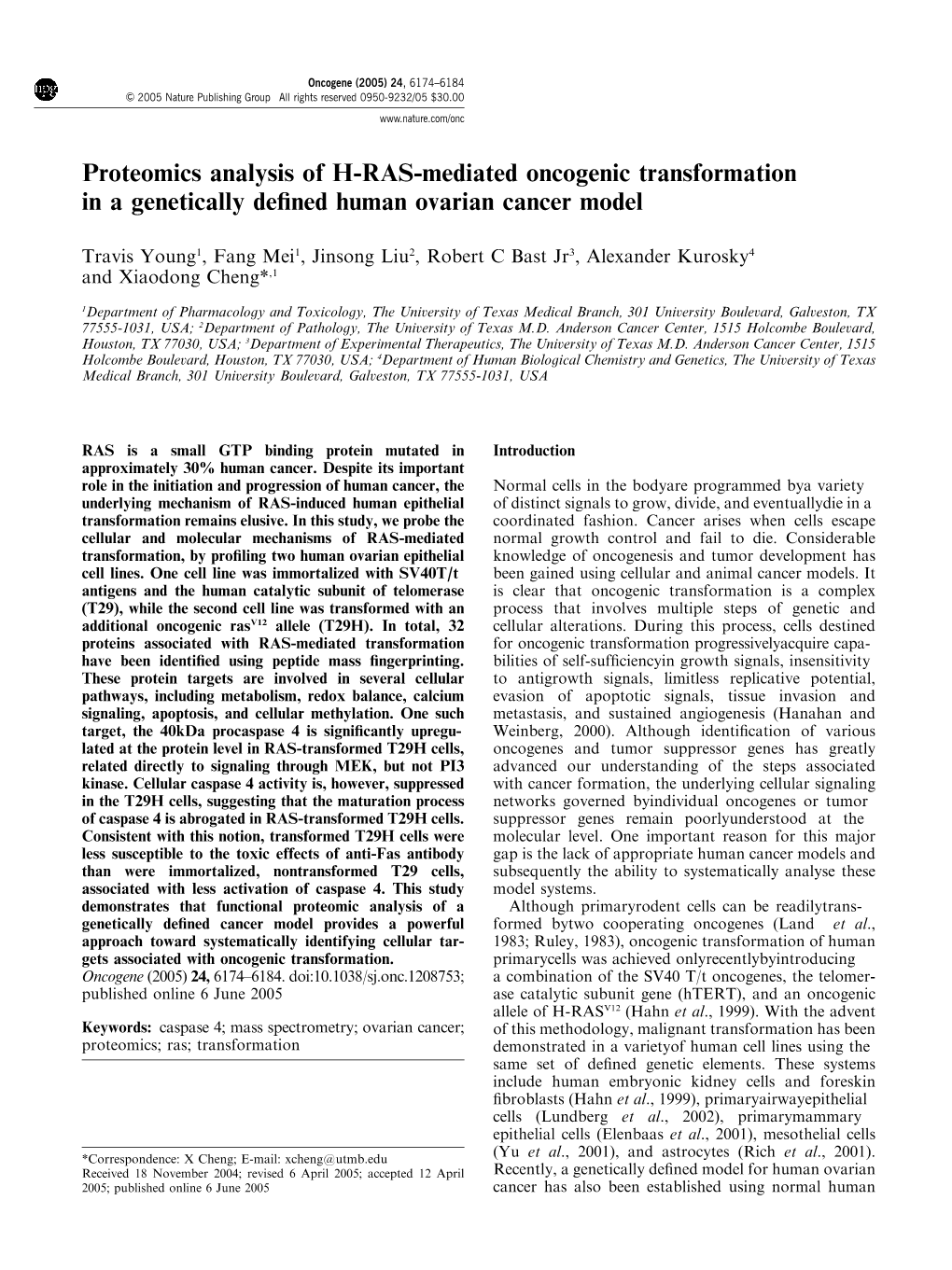 Proteomics Analysis of H-RAS-Mediated Oncogenic Transformation in a Genetically Defined Human Ovarian Cancer Model