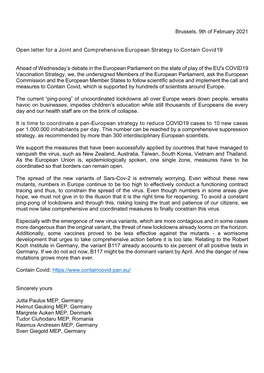 Brussels, 9Th of February 2021 Open Letter for a Joint and Comprehensive European Strategy to Contain Covid19 Ahead of Wednesday