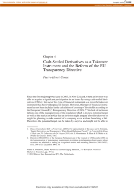 Cash-Settled Derivatives As a Takeover Instrument and the Reform of the EU Transparency Directive