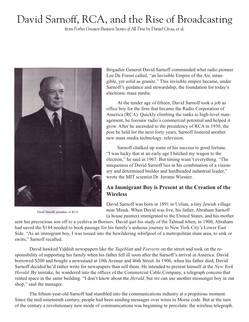 David Sarnoff, RCA, and the Rise of Broadcasting from Forbes Greatest Business Stories of All Time by Daniel Gross, Et Al