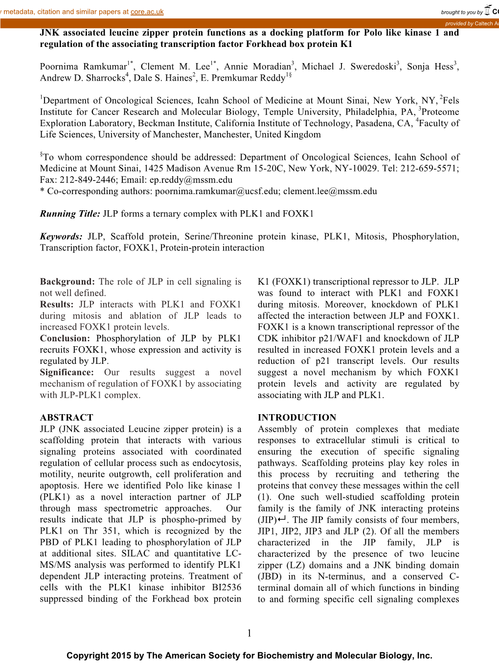 JLP Forms a Ternary Complex with PLK1 and FOXK1 JNK Associated