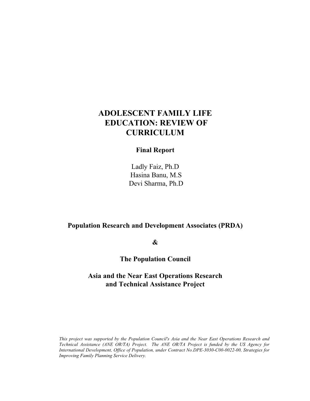 Adolescent Family Life Education: Review of Curriculum