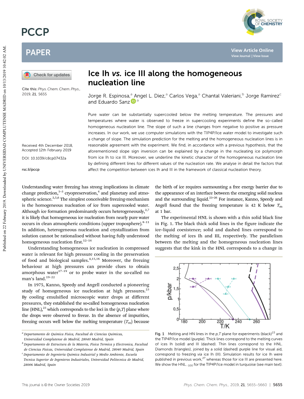 Ice Ih Vs. Ice III Along the Homogeneous Nucleation Line Cite This: Phys