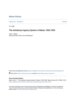 The Antislavery Agency System in Maine, 1836-1838